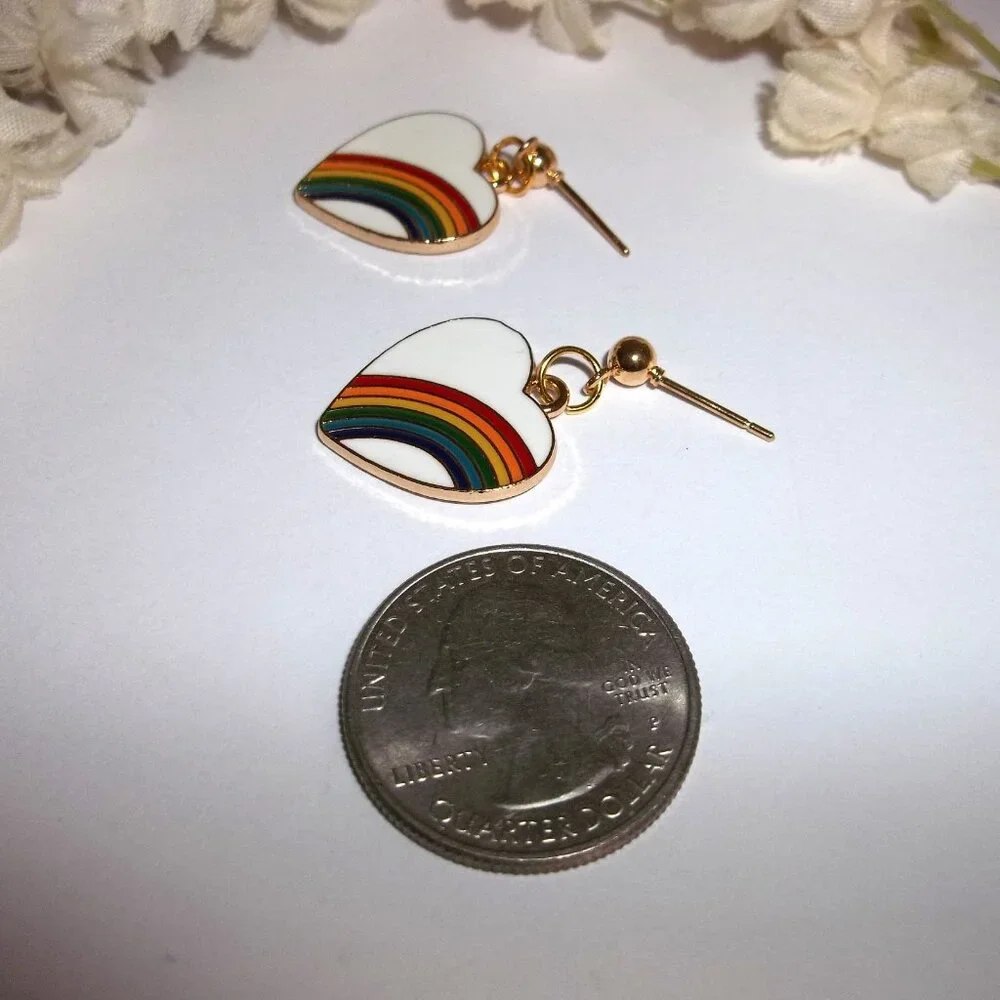 Rainbow Earring White Heart Gold Post Costume Jewelry Set Pair Dangle Pride C884 - Picture 5 of 6